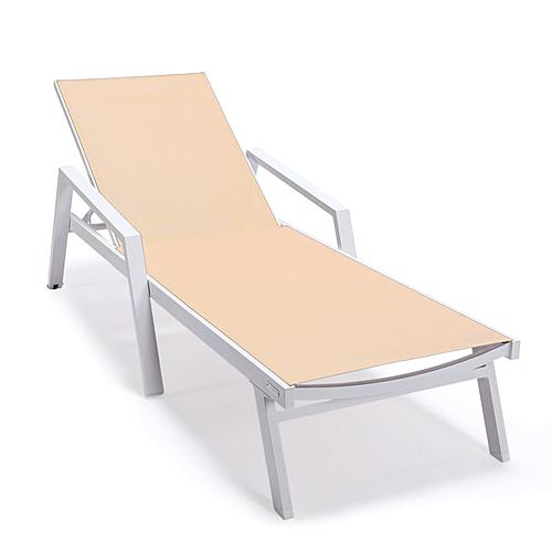 Marlin Modern White Aluminum Outdoor Patio Chaise Lounge Chair w/Arms and Square Fire Pit Side Table - Light Brown by Leisuremod