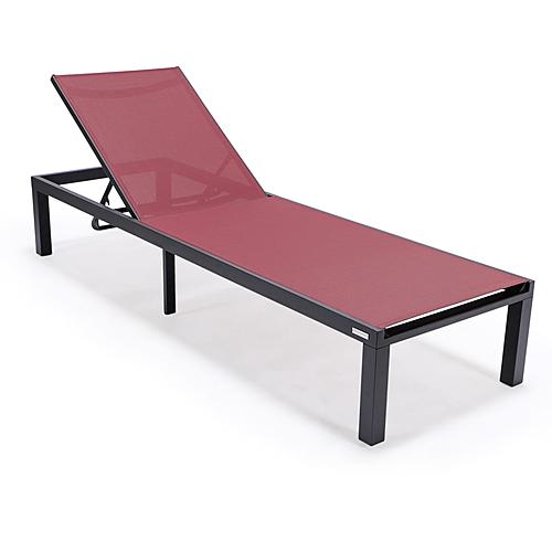 Marlin Modern Black Aluminum Outdoor Patio Chaise Lounge Chair w/Square Fire Pit Side Table - Burgundy by Leisuremod