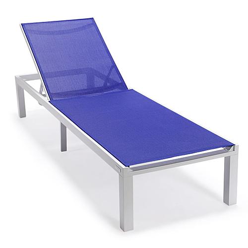 Marlin Modern White Aluminum Outdoor Chaise Lounge Chair w/Square Fire Pit Side Table, (Set of 2) - Navy Blue by Leisuremod