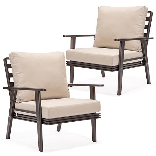 Walbrooke Modern Brown Patio Arm Chair, (Set of 2) - Beige by Leisuremod
