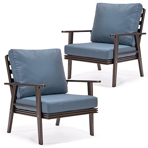 Walbrooke Modern Brown Patio Arm Chair, (Set of 2) - Navy Blue by Leisuremod