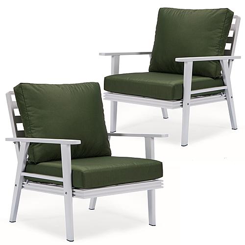 Walbrooke Outdoor Patio White Aluminum Armchairs w/Cushions (Set of 2) - Green by Leisuremod