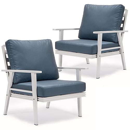 Walbrooke Outdoor Patio White Aluminum Armchairs w/Cushions (Set of 2) - Navy Blue by Leisuremod