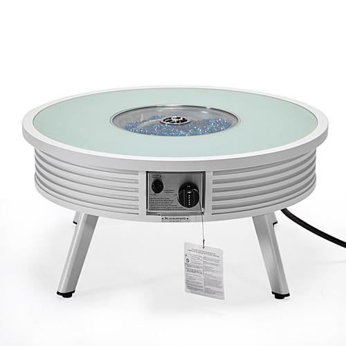 Walbrooke Outdoor Patio Aluminum Round Slats Design Fire Pit Side Table w/Lid and Fire Glass - White by Leisuremod