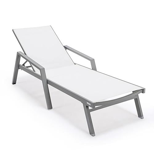 Marlin Patio Chaise Lounge Chair With Armrests in Grey Aluminum Frame, White by LeisureMod