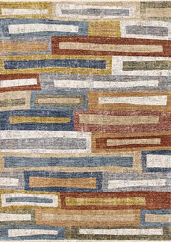 Muse Orange Red Blue Yellow Beige Layered Brick Design Rug by Kalora