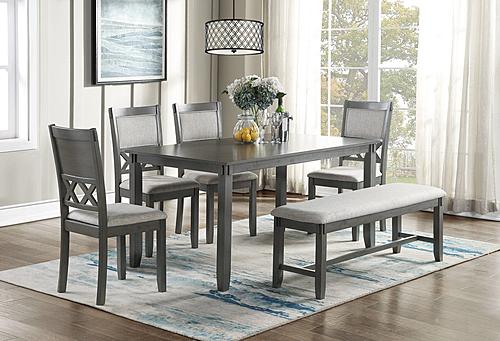 F2610 6 Pcs Gray Dining Set - 4 Chairs + 1 Table + 1 Bench by Poundex