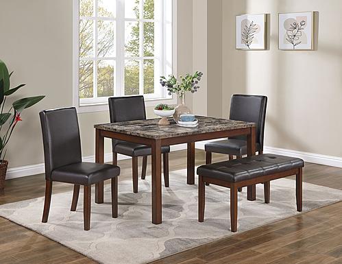 F2614 5 Pcs Faux Marble Top Table + 3 Chairs + 1 Bench by Poundex