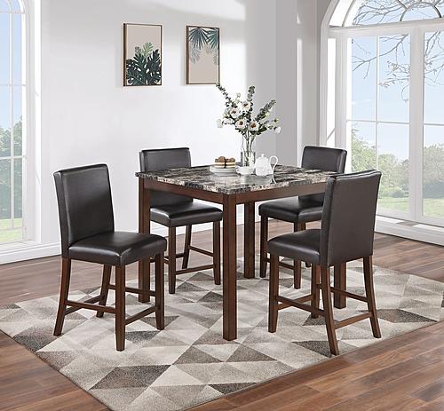 F2615 5 Piece Dining Set Faux Marble Counter High Table + 4 Chairs Espresso Leather by Poundex