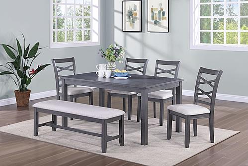 F2623 6 Pcs Gray Dining Set - 4 Chairs + 1 Table + 1 Bench by Poundex