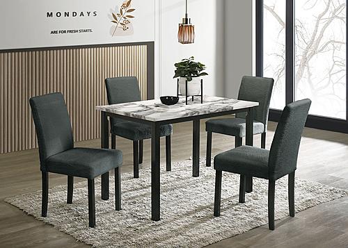 F2628 5-Piece Dining Set Marble Top Table + 4 Charcoal Chairs Fabric by Poundex