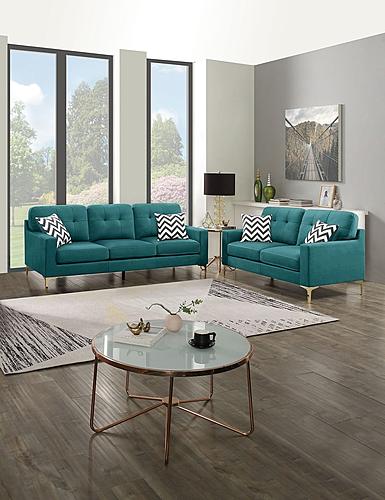 F8441 2 Pcs Teal Blue Velvet Sofa & Loveseat by Poundex