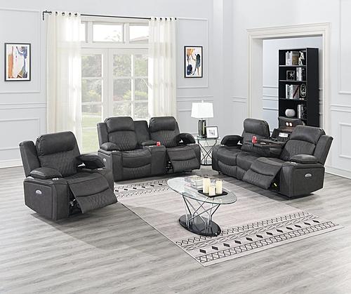 F86405 Charcoal Leather Power Recliner Loveseat w/Wireless Charging Console by Poundex