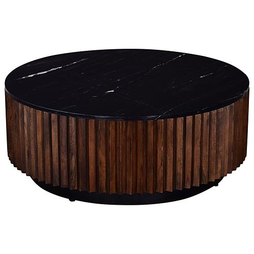 Pierre 35 in. Black Marble Wood Drum Coffee Table by Primo