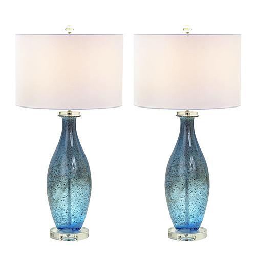 Tone Art Glass Table Lamp w/Dazzling Crystal Base (Set of 2) - Blue by Lineage Collections