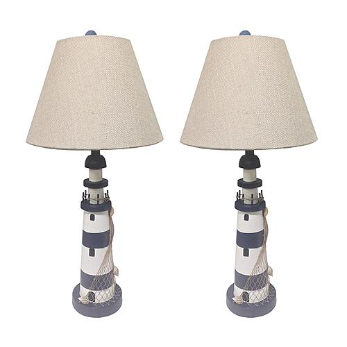 Lighthouse Coastal Table Lamps w/USB Charging Port (Set of 2) - Blue & White by Lineage Collections