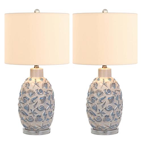 Ceramic Sea Shell Coastal Table Lamp (Set of 2) - White & Blue by Lineage Collections