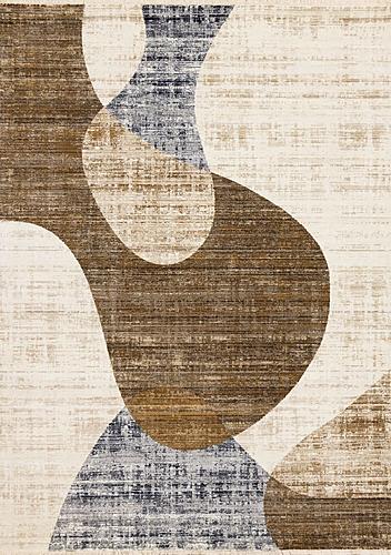 Serene Cream Brown Blue Distressed Curvy Shapes Design Rug by Kalora