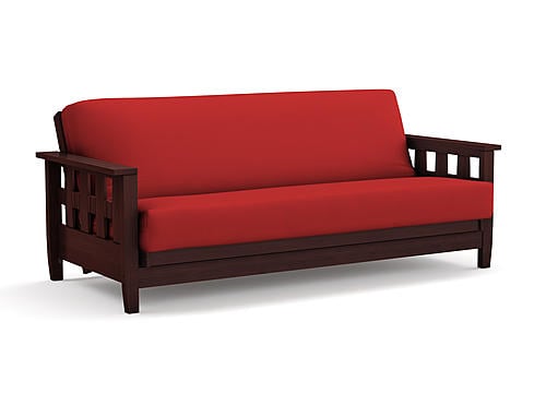 Premium Futon Set - Full Size - Lambton Dark Cherry Wall Hugger Frame, Mattress w/Removable Suede Cover