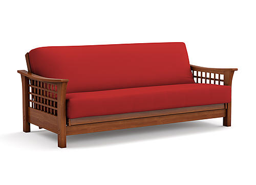 Futon Set - Full Size - Trelli Warm Cherry Wall Hugger Frame, Mattress w/Removable Solid Cover