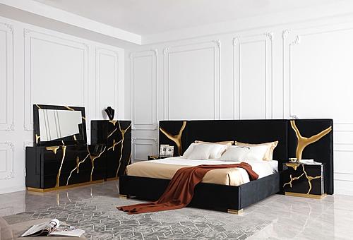 Modrest Aspen - Queen Modern Black + Gold Bed + Nightstands by VIG Furniture