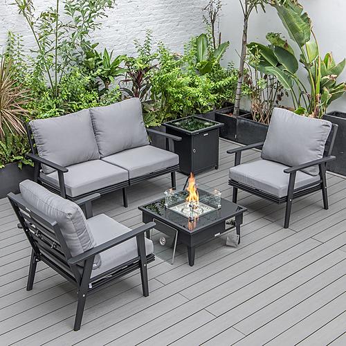 Walbrooke Modern Black Patio Conversation With Square Fire Pit & Tank Holder, Grey by LeisureMod
