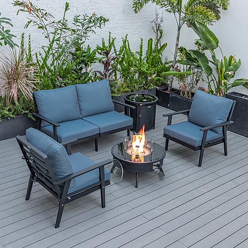 Walbrooke Modern Black Patio Conversation With Round Fire Pit & Tank Holder, Navy Blue by LeisureMod