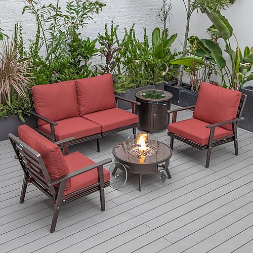 Walbrooke Modern Brown Patio Conversation With Round Fire Pit & Tank Holder, Red by LeisureMod