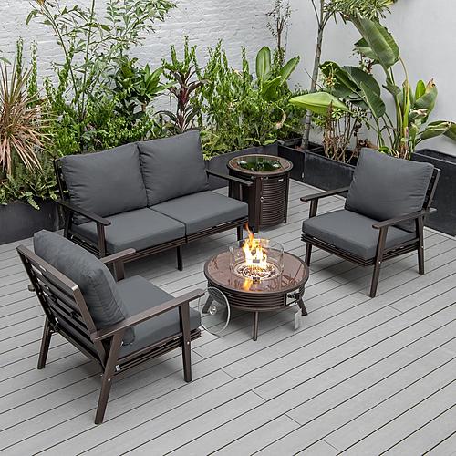 Walbrooke Modern Brown Patio Conversation With Round Fire Pit With Slats Design & Tank Holder, Charcoal by LeisureMod