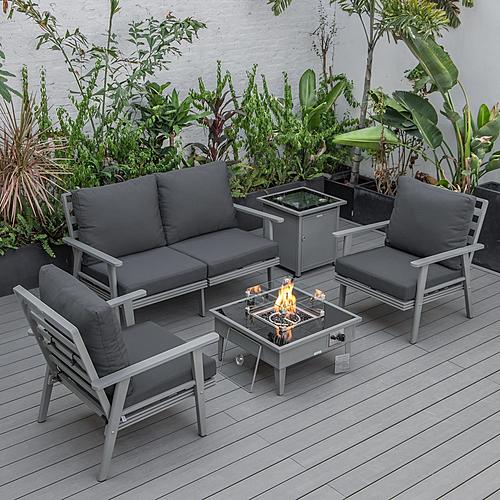 Walbrooke Modern Grey Patio Conversation With Square Fire Pit & Tank Holder, Charcoal by LeisureMod