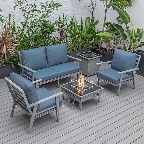 Walbrooke Modern Grey Patio Conversation With Square Fire Pit & Tank Holder, Navy Blue by LeisureMod