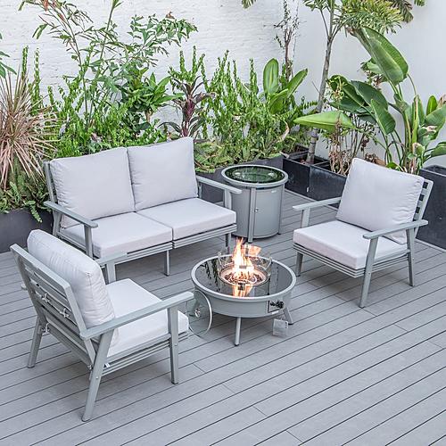 Walbrooke Modern Grey Patio Conversation With Round Fire Pit & Tank Holder, Light Grey by LeisureMod