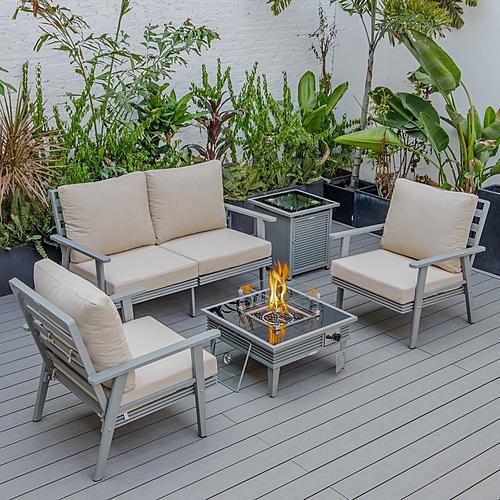 Walbrooke Modern Grey Patio Conversation With Square Fire Pit With Slats Design & Tank Holder, Beige by LeisureMod