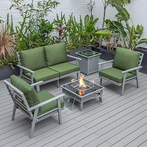Walbrooke Modern Grey Patio Conversation With Square Fire Pit With Slats Design & Tank Holder, Green by LeisureMod
