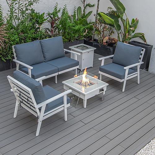 Walbrooke Modern White Patio Conversation With Square Fire Pit & Tank Holder, Navy Blue by LeisureMod