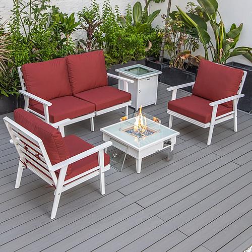 Walbrooke Modern White Patio Conversation With Square Fire Pit & Tank Holder, Red by LeisureMod