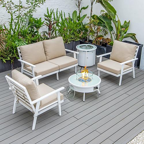 Walbrooke Modern White Patio Conversation With Round Fire Pit & Tank Holder, Beige by LeisureMod