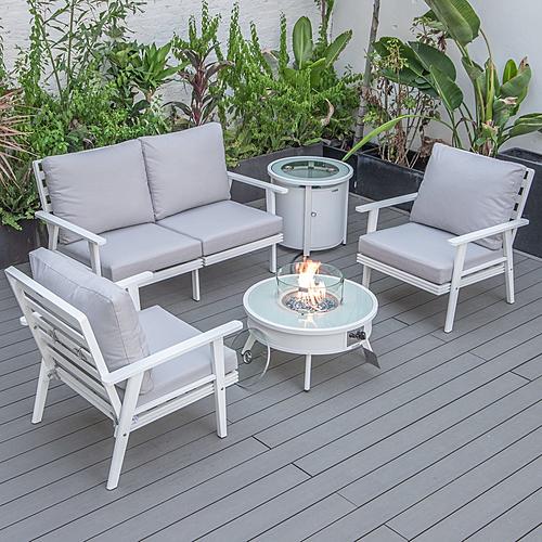 Walbrooke Modern White Patio Conversation With Round Fire Pit & Tank Holder, Light Grey by LeisureMod