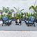 Walbrooke Modern Black Patio Conversation With Round Fire Pit & Tank Holder, Navy Blue by LeisureMod