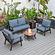 Walbrooke Modern Brown Patio Conversation With Round Fire Pit & Tank Holder, Navy Blue by LeisureMod