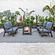 Walbrooke Modern Brown Patio Conversation With Square Fire Pit With Slats Design & Tank Holder, Navy Blue by LeisureMod