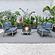 Walbrooke Modern Grey Patio Conversation With Round Fire Pit & Tank Holder, Navy Blue by LeisureMod