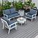 Walbrooke Modern White Patio Conversation With Round Fire Pit With Slats Design & Tank Holder, Navy Blue by LeisureMod