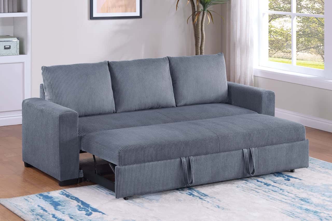 F8564 Fabric Convertible Sofa w/Pulled Out Bed Dark Gray at Futonland