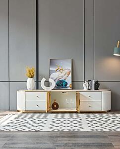 Kayla Oval White TV Stand w/Carrera Style Porcelain Top & Gold Trims by BH Furniture