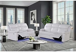 U6026 Blanche White Reclining Sofa/Console Reclining Loveseat w/LED & Speaker by Global Furniture
