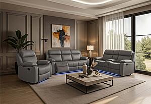 U6026 Grey PU 46A Reclining Sofa/Console Reclining Loveseat w/LED & Speaker by Global Furniture
