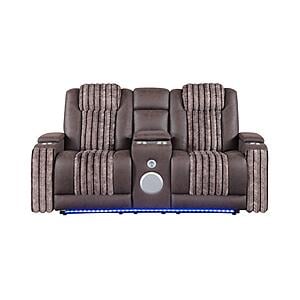 U8000 Brown Power Reclining Loveseat w/Console, Power Headrest, LED Light, & Bluetooth Speaker by Global Furniture