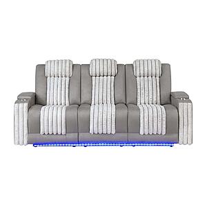 U8000 Grey Power Reclining Sofa w/Power Headrest, Dropdown Table w/Wood Trim & Reading Light & LED Light by Global Furniture
