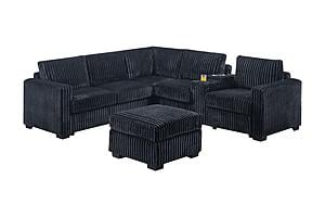 F8344 Fabric 4-Piece Sectional Sofa Set w/Ottoman Black by Poundex